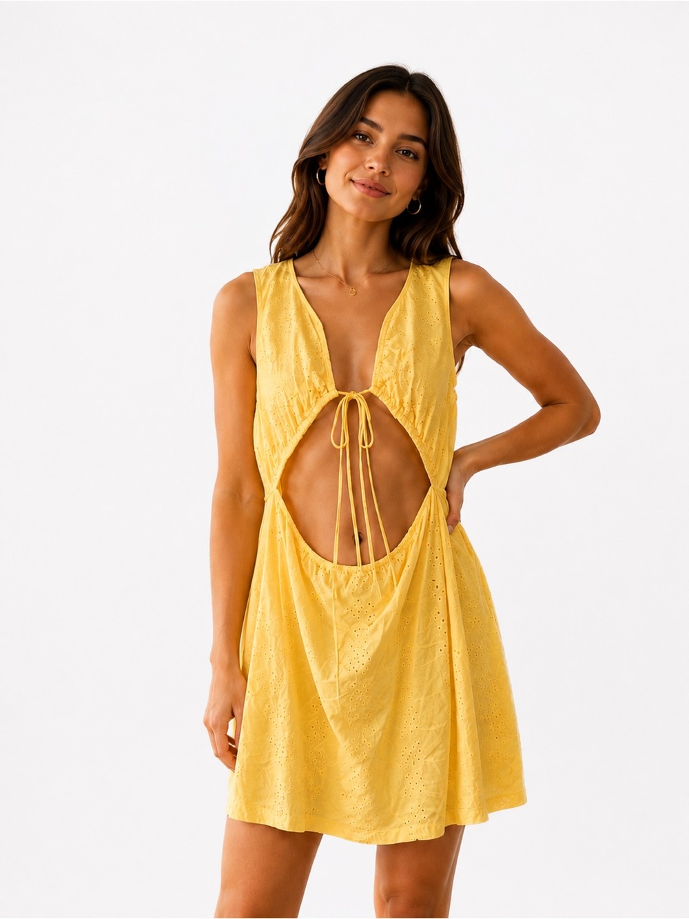 ASOS DESIGN Yellow Eyelet Cutout Mini Dress US 14 Tall 100% Cotton